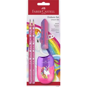 2 grafitne olovke, rezač gumica Unicorn Faber-Castell u poliblister pakovanju